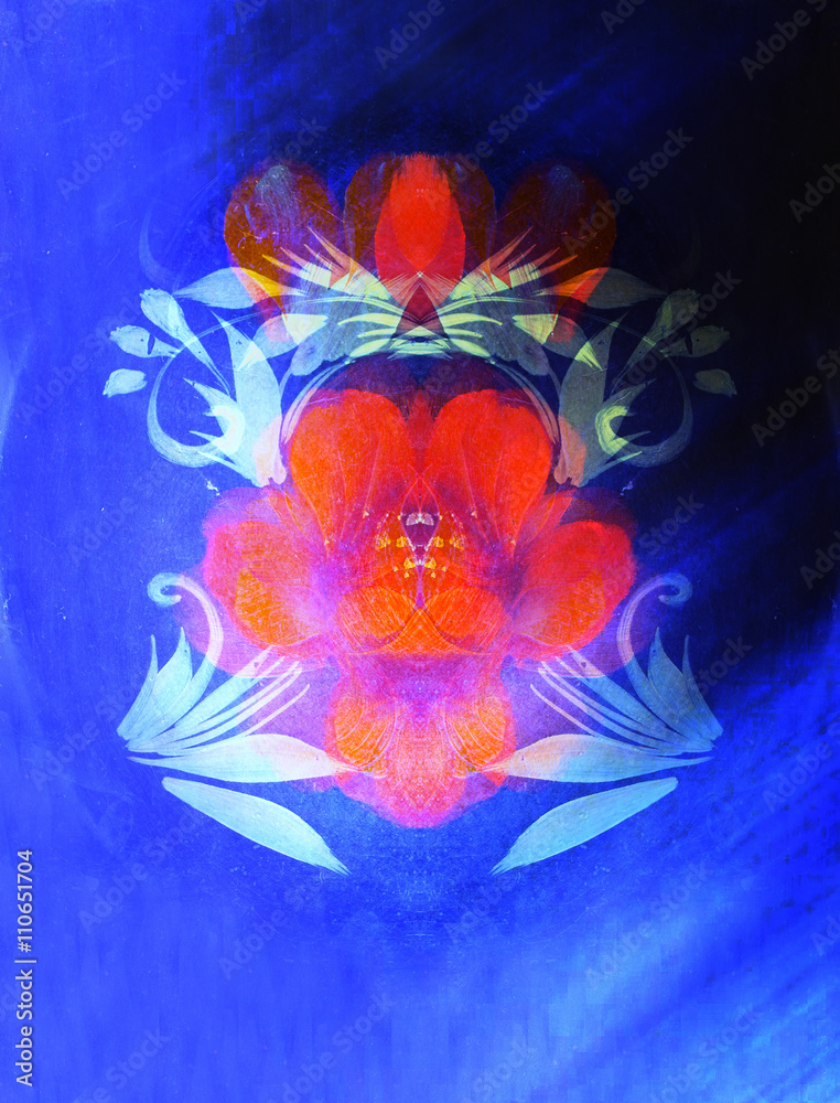 Orange flower on blue background. Painting and computer collage.