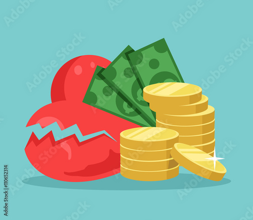 Broken heart and money. Vector cartoon flat illustration