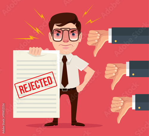 Rejected document and dislike hands. Vector flat cartoon illustration
