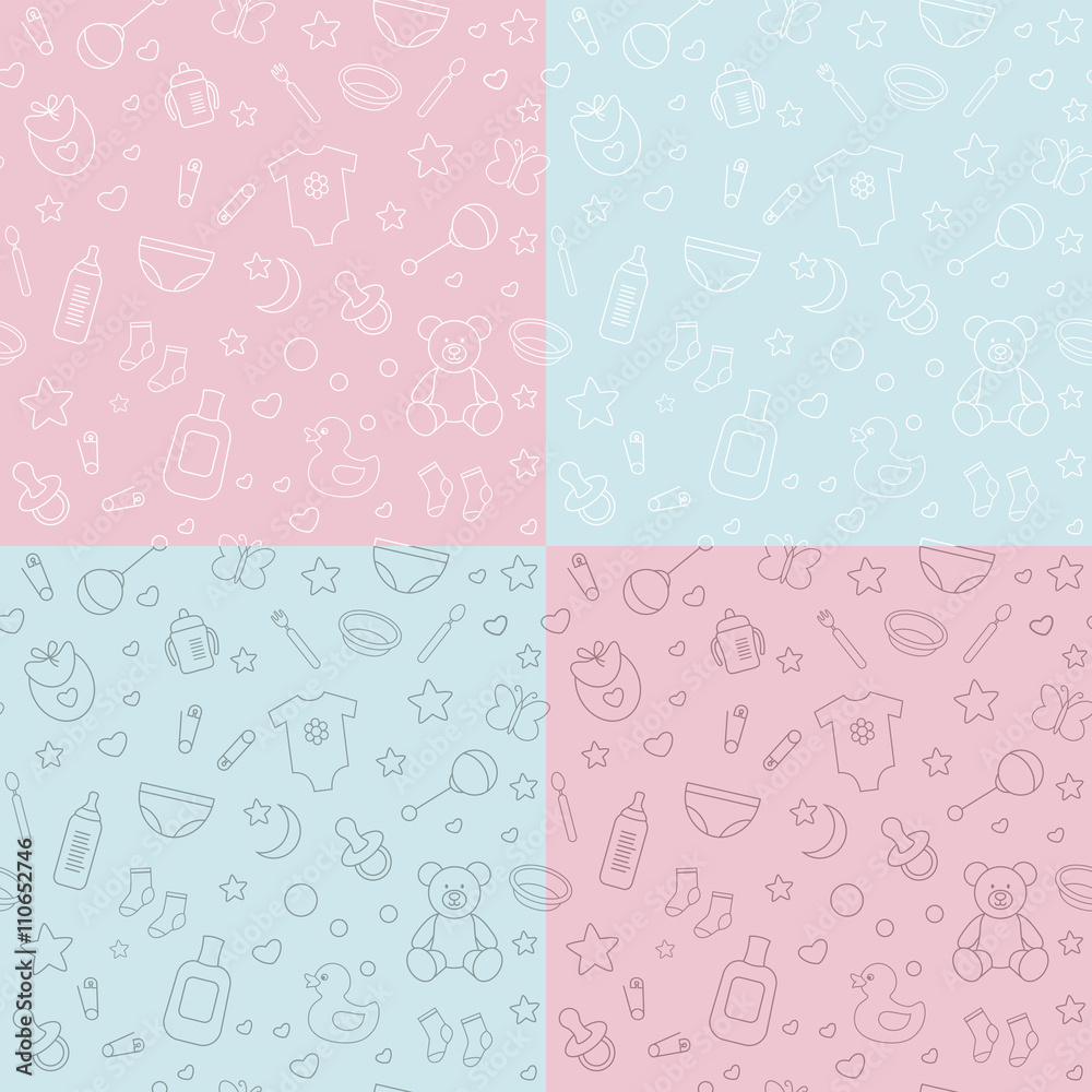 Fototapeta Collection of baby seamless patterns Easy to edit and recolor.Linear style. Design for packaging,for baby shop, for invitation and baby shower card.Vector illustration
