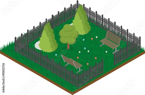 Isometric landscape of garden with fence, trees and bench
