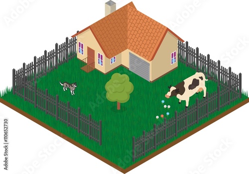 Isometric village house with fence, tree, cow and dog