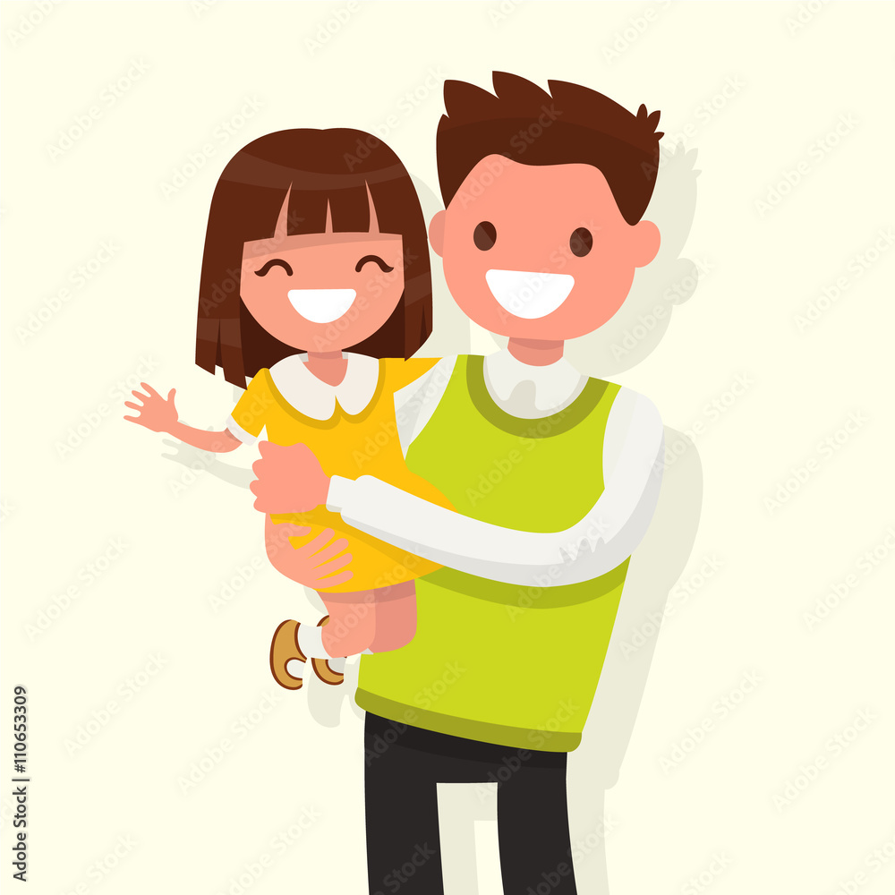 Happy Dad keeps daughter in her arms. Vector illustration