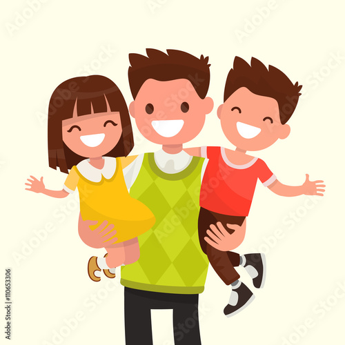 Happy Dad holding his son and daughter. Vector illustration