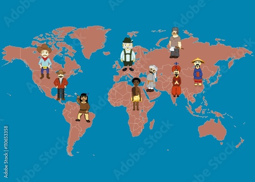 World Map and people in traditional costumes. World nations: american, indian, russian, chinese, german, arabic, african, latino.