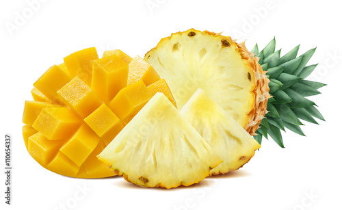 Mango pineapple cut mix isolated on white background