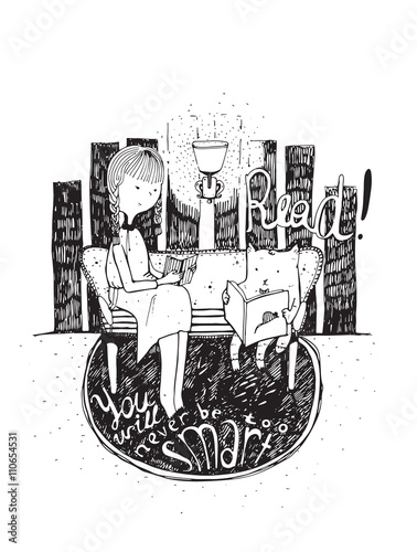Read. You will never be too smart. Motivational educative quote about books and education, with girl and cat reading together. Vector isolated on white black n white illustration, hand drawn lettering