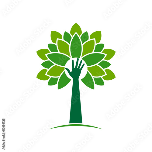 Ecological hand tree with leaves logo. Vector graphic design