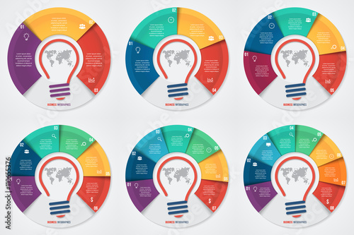 Vector idea pie chart infographic set for graphs, charts, diagrams. Business concept with options, parts, steps, processes.