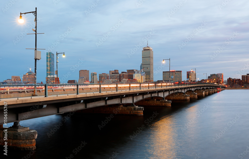 Boston Skyline Showing Charles River and Bridge after Sunset, Boston, Massachusetts