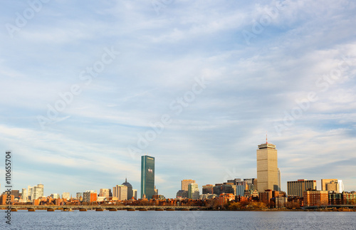 Boston Skyline Showing Charles River and Bridge at Sunset, Boston, Massachusetts