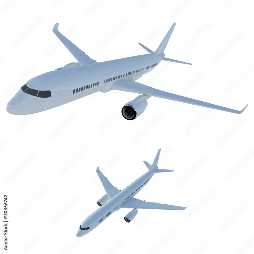 Obraz premium Commercial flights in airplanes. Tourist and business flights by plane. Isolated airlifter fuselage on a white background. 3d model of the passenger aircraft. Raster illustration.