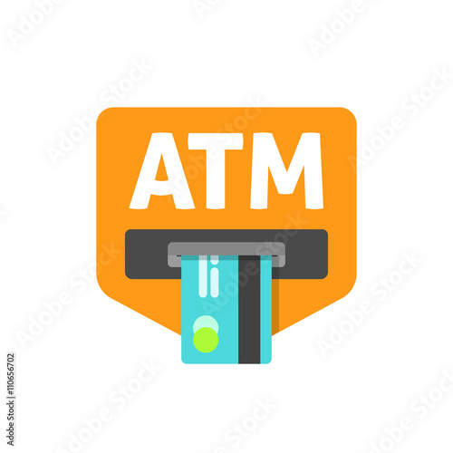 ATM credit card sign vector illustration, cash machine inserting credit card, atm sign, electronic device, flat icon, modern simple design isolated on white red background