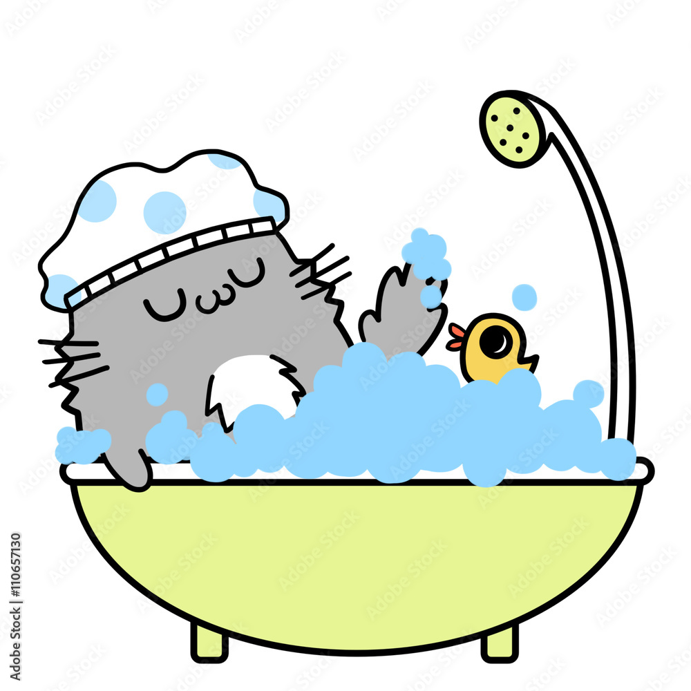 Fototapeta premium Creative Illustration and Innovative Art: Cats' Memories: Take a Happy Bath. Realistic Fantastic Cartoon Style Character Wallpaper Story Card Design