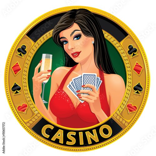 Vector illustration. Beautiful young lady in red dress holding playing cards and glass of champagne. Сoncept design for a casino advertising