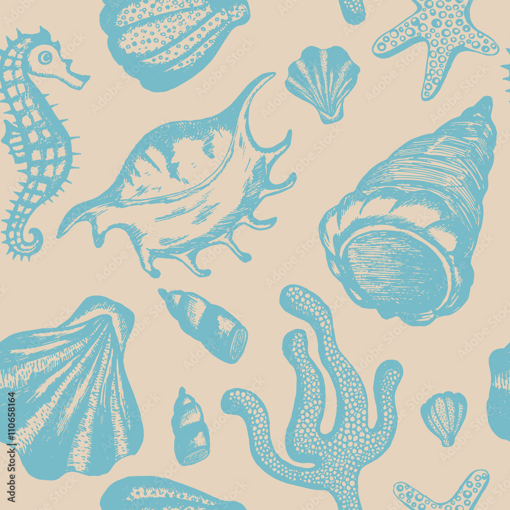 Seamless pattern with hand drawn seashells. Marine background. Vector vintage texture with seashells, coral, sea horse, starfish