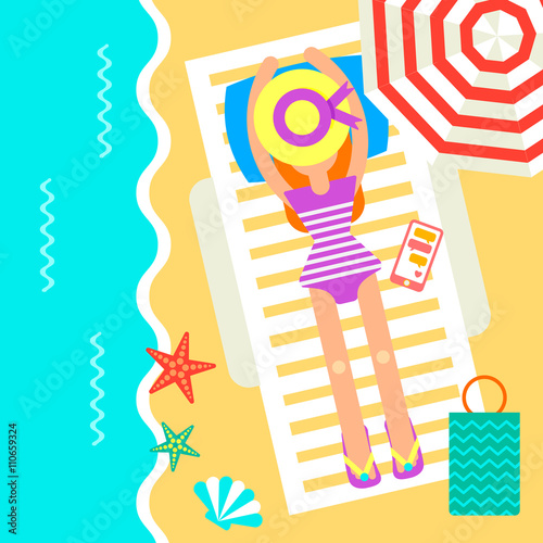 Summertime traveling card with the hipster girl laying on a chair near the beautifull ocean. Vector illustration decorated with different summer accessories: sea fish, soda, beach.