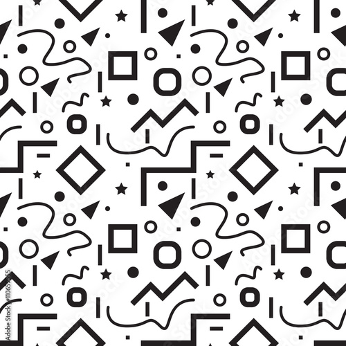 Seamless geometric vintage pattern in retro 80s style, memphis, in black and white. Ideal for fabric design, paper print and website backdrop. EPS10 vector file