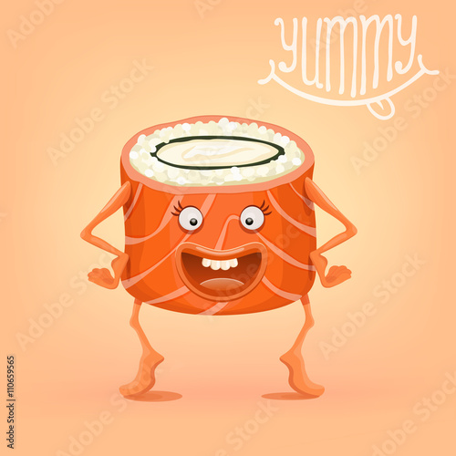 Funny sushi roll smiling character