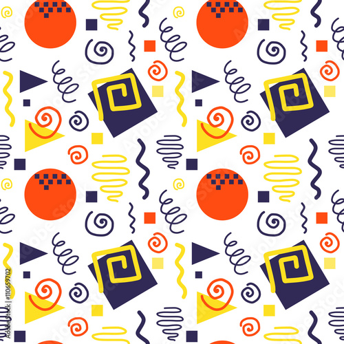 Seamless geometric vintage pattern in retro 80s style, memphis. Ideal for fabric design, paper print and website backdrop. EPS10 vector file.
