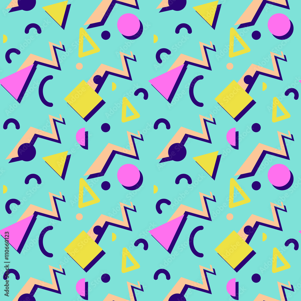 Seamless geometric vintage pattern in retro 80s style, memphis. Ideal for fabric design, paper print and website backdrop. EPS10 vector file.