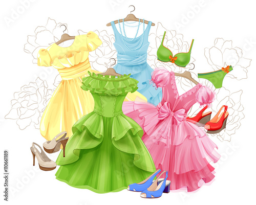 set of bright dresses, bikini and shoes