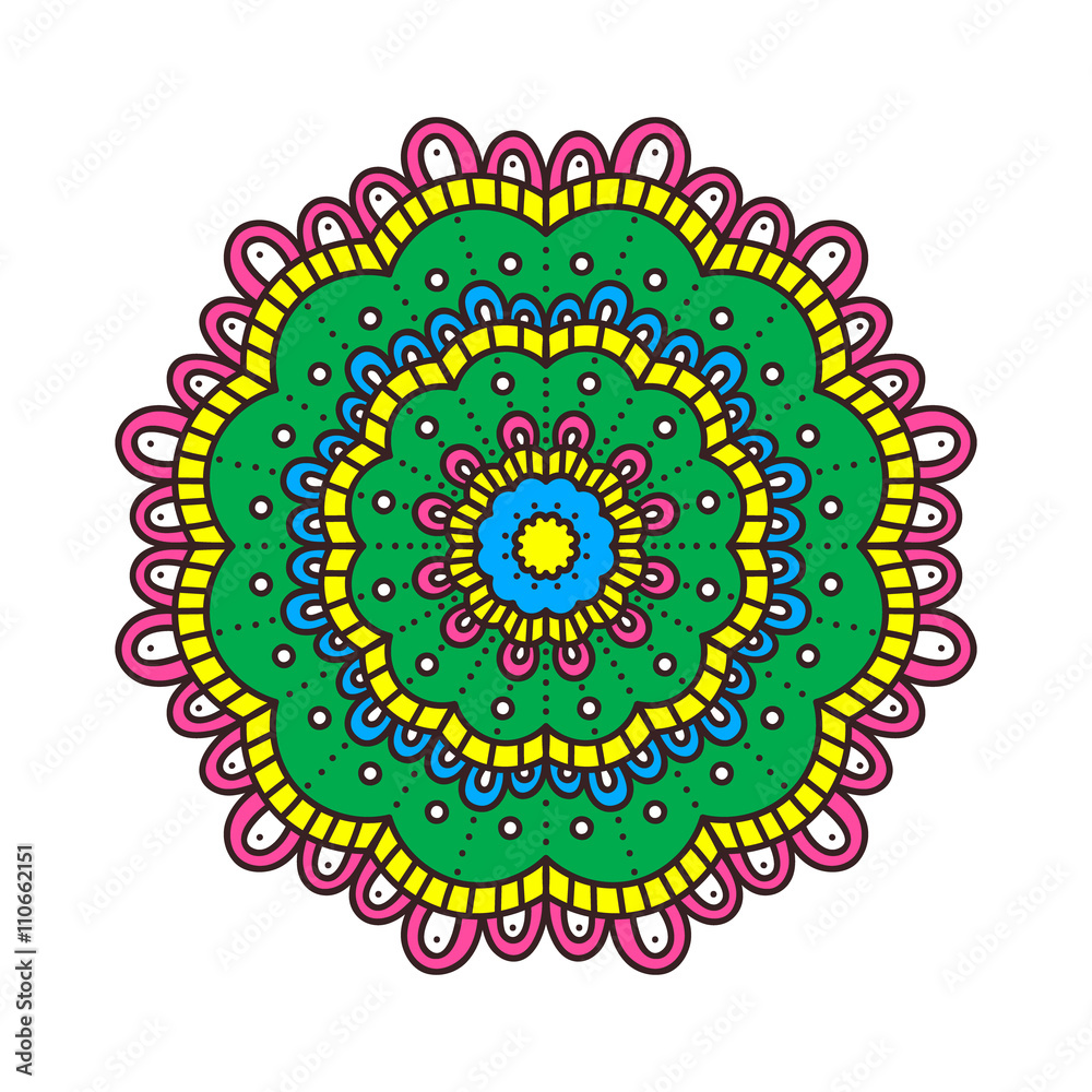 Doodle mandala. Vector ethnic floral mandala with hand drawn doodle ornament. Tribal amulet. Isolated. Yellow, blue, white, pink and green colors. Isolated.