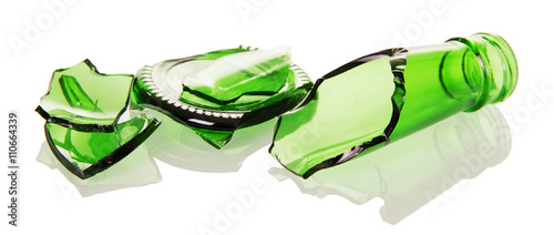 Canvas Print Shards  green glass bottles isolated on white background.