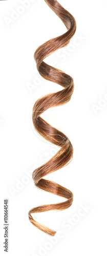 Tela Lock of curly brown hair isolated on white background.