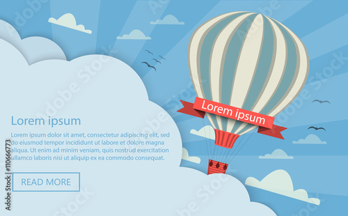 Hot air balloon with message on banner, vector illustration