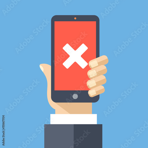 Cross mark on smartphone screen. Flat design vector illustration