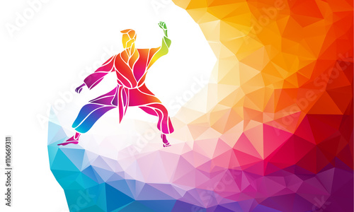Martial arts jump kick color rainbow silhouette. Karate fighter