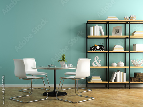 Fototapeta Naklejka Na Ścianę i Meble -  Part of interior with white chairs and shelving 3D rendering