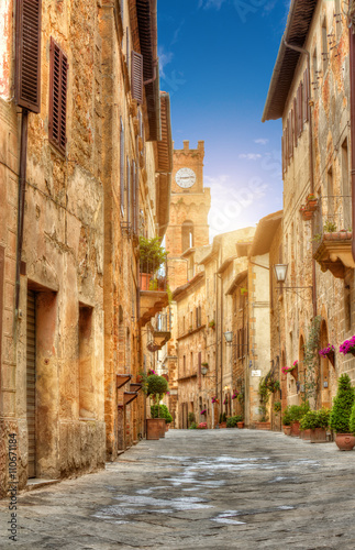 Colorful street in Pienza  Tuscany  Italy
