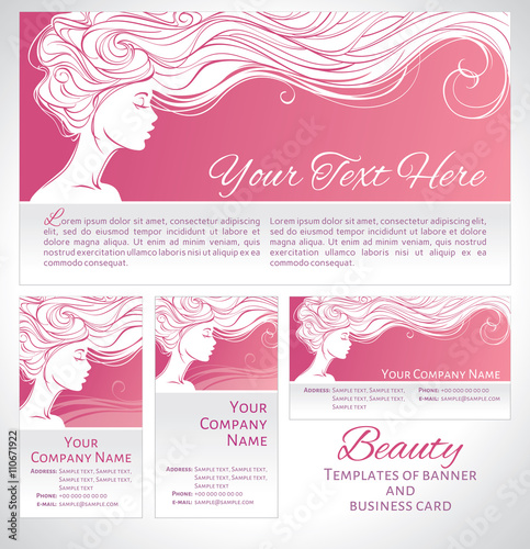 Vector illustration. Beautiful silhouette of long hair woman on pink background. Templates of banner and business card. Concept design for beauty salons, spa, cosmetics, fashion and beauty industry.