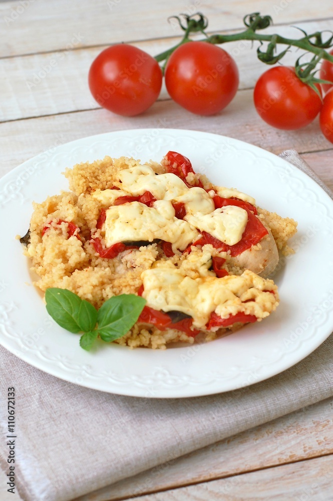 Chicken fillet withe potatoes, cheese, basil and couscous Chicken fillet withe potatoes, cheese, basil and couscous