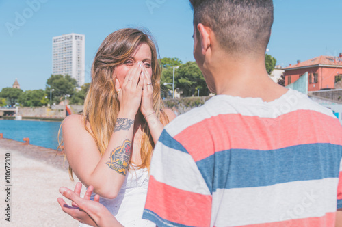 Incredulous girl meets her boyfriend after a long time