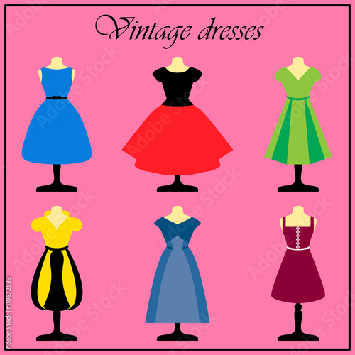 Set of 6 vector retro cocktail dresses on a mannequin.
