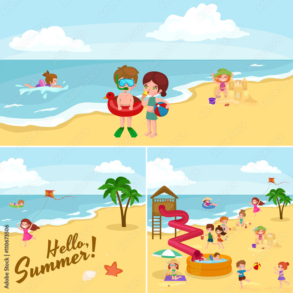 Obraz premium Summer children. Kids playing in the sand on beach