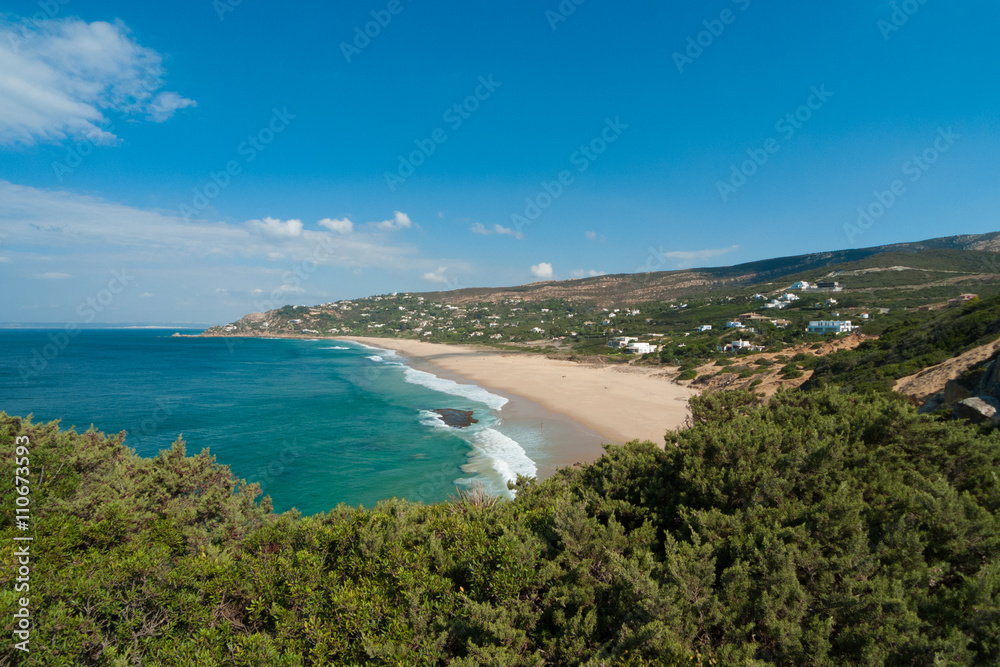 landscape from forest tree of heavenly German Beach with golden sand, blue green turquoise ocean water and horizon blue sky in Atlanterra, Zahara de los Atunes, Tarifa, Cadiz, Andalusia, Spain