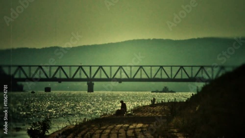Bridge on Danube - retro, 1950's old camera footage
