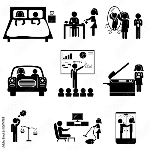 Office daily routine life of married couple (man and woman sticks). Vector cons set isolated on white