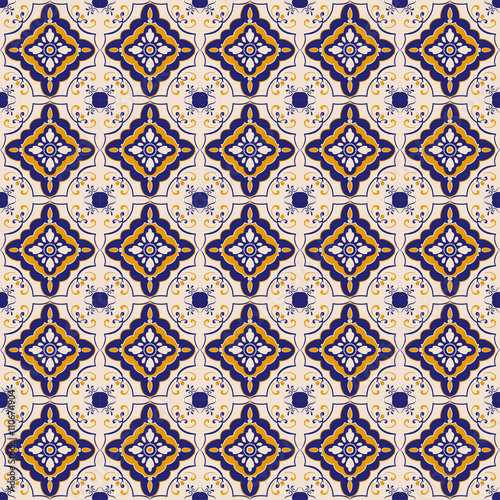 Blue and yellow ceramic tile pattern