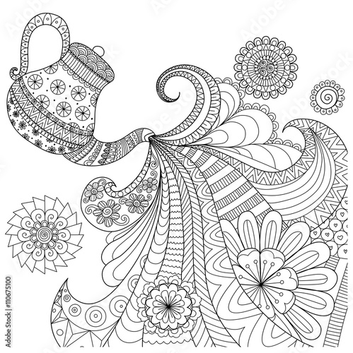 Line art design of teapot pouring tea for coloring book for adult and other decorations