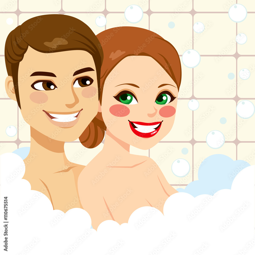 Young beautiful couple enjoying relaxing bubble bath happy together Young beautiful couple enjoying relaxing bubble bath happy together