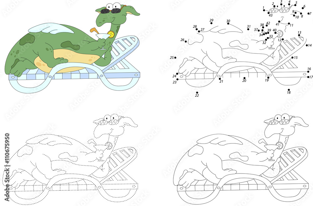 Cartoon dragon lies on a lounger and drinks a cocktail. Dot to d Cartoon dragon lies on a lounger and drinks a cocktail. Dot to d