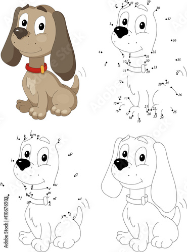 Cartoon dog. Coloring book and dot to dot game for kids