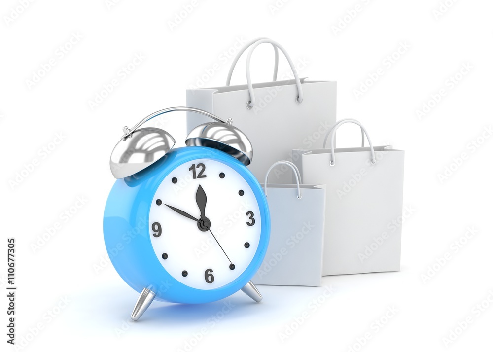 alarm clock and shopping bag (time to buy concept). 3d rendering.