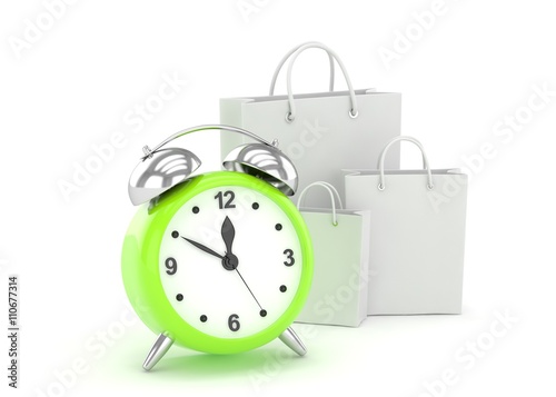 alarm clock and shopping bag (time to buy concept). 3d rendering.