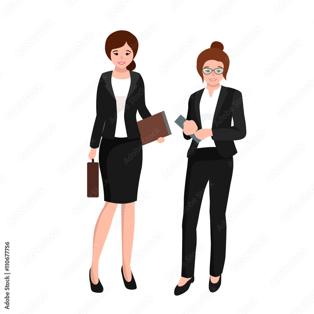 business woman in costume, files and case, office worker team